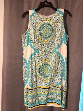 London Times White Turquoise Yellow Medallion Shift Dress work dress